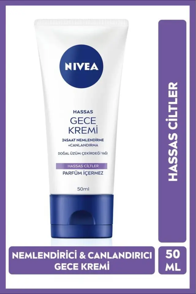 NIVEA Hassas Ciltler İçin 24 Saat Nemlendirici Gece Bakım Kremi 50ml, Doğal Üzüm Çekirdeği, Canlandırıcı