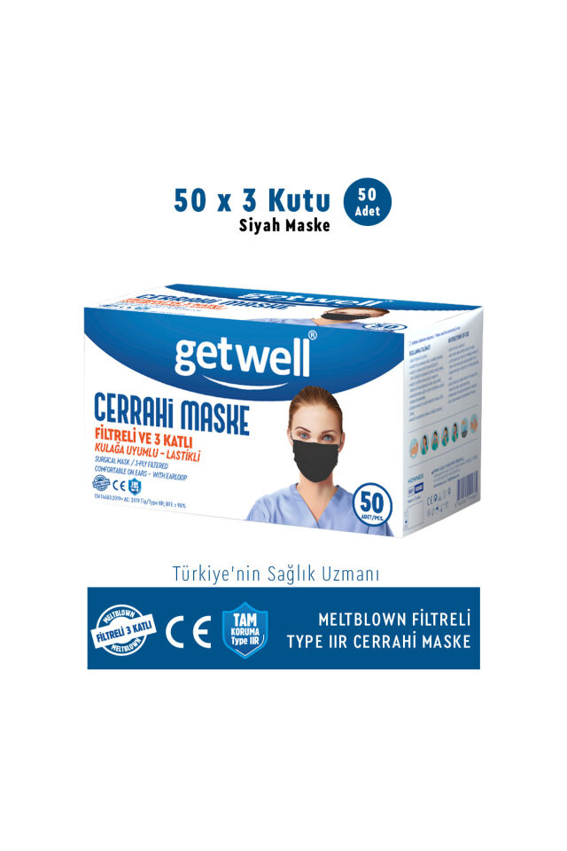 Siyah Meltblown Filtreli ve 3 Katlı Cerrahi Maske 3 kutu