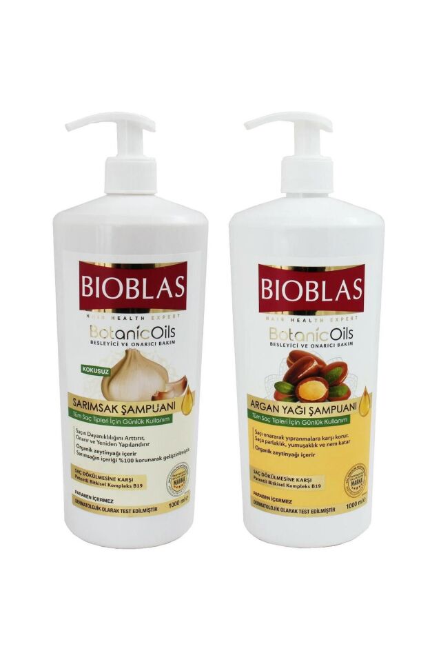 Bioblas Kokusuz Sarımsak Şampuanı 1000 Ml + Argan Yağı Şampuanı 1000 Ml