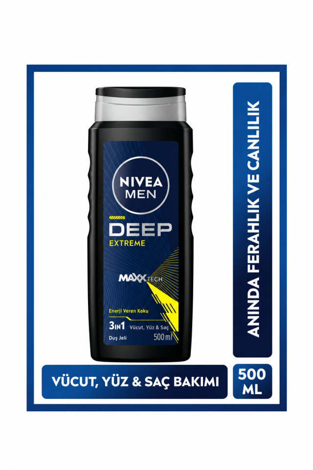 NIVEA Men Erkek Deep Extreme Duş Jeli 500ml, 3'ü 1 Arada Komple Bakım, Vücut Saç Ve Yüz, Enerji Veren Koku